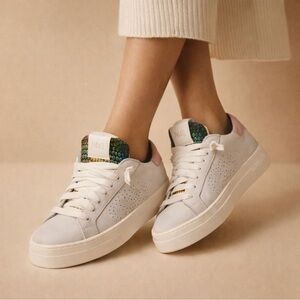 P448 White Leather Sneakers with Pink Suede and Green Details Platform 7.5